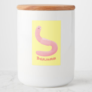 Cute happy pink earthworm cartoon food label
