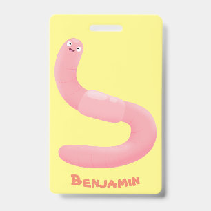 Cute happy pink earthworm cartoon ID badge