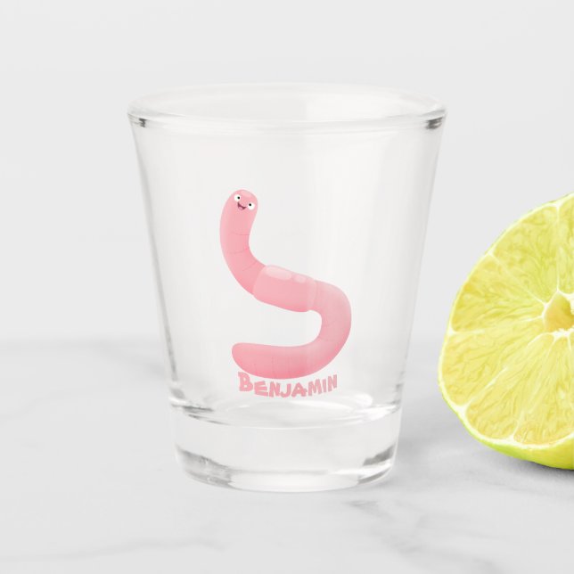 Cute happy pink earthworm cartoon shot glass (Front)