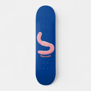 Cute happy pink earthworm cartoon skateboard
