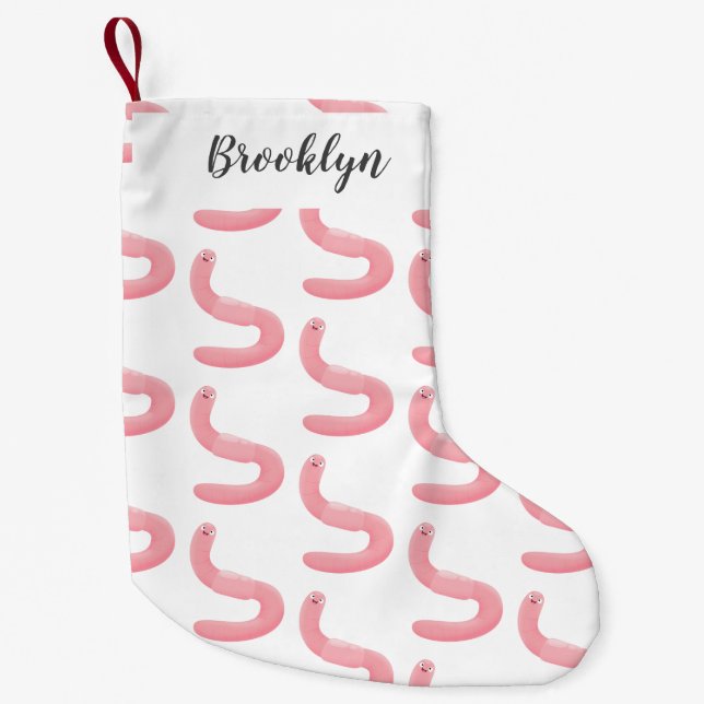 Cute happy pink earthworm cartoon small christmas stocking (Front)