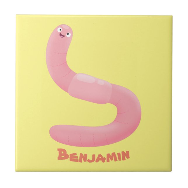 Cute happy pink earthworm cartoon tile (Front)