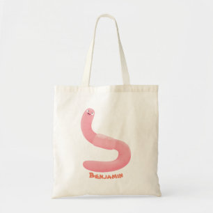 Cute happy pink earthworm cartoon tote bag