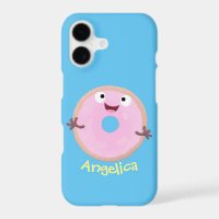 Cute happy pink glazed doughnut cartoon