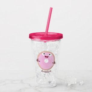 Cute happy pink glazed doughnut cartoon acrylic tumbler
