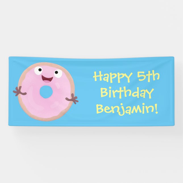 Cute happy pink glazed doughnut cartoon banner (Horizontal)