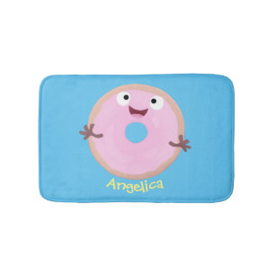 Cute happy pink glazed doughnut cartoon bath mat