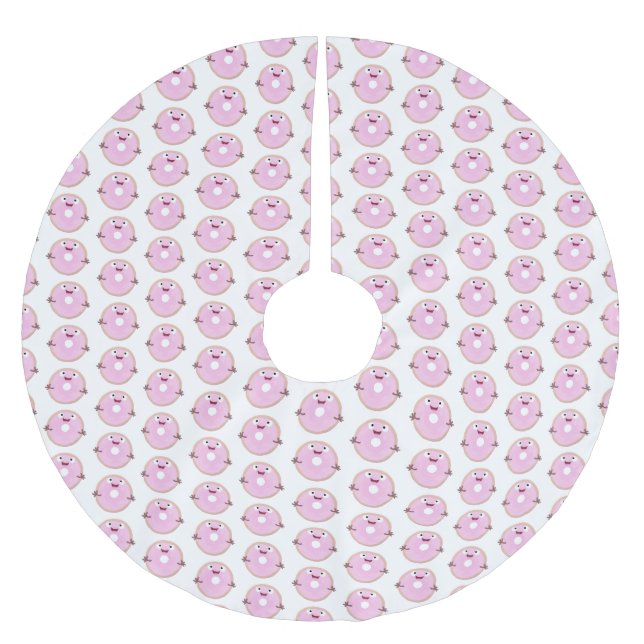 Cute happy pink glazed doughnut cartoon brushed polyester tree skirt (Front)
