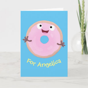 Cute happy pink glazed doughnut cartoon card