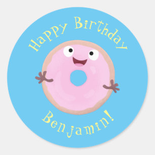 Cute happy pink glazed doughnut cartoon classic round sticker