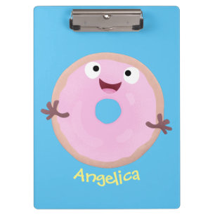 Cute happy pink glazed doughnut cartoon clipboard
