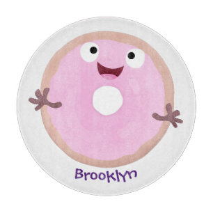 Cute happy pink glazed doughnut cartoon cutting board