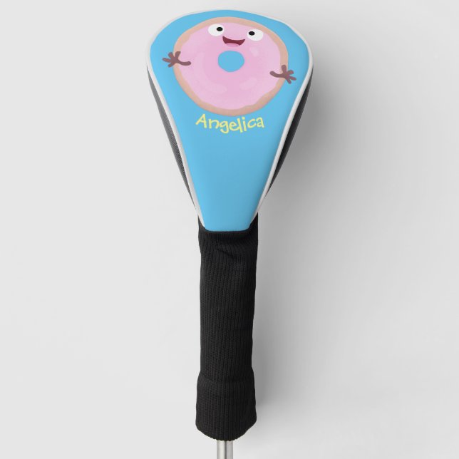 Cute happy pink glazed doughnut cartoon golf head cover (Front)