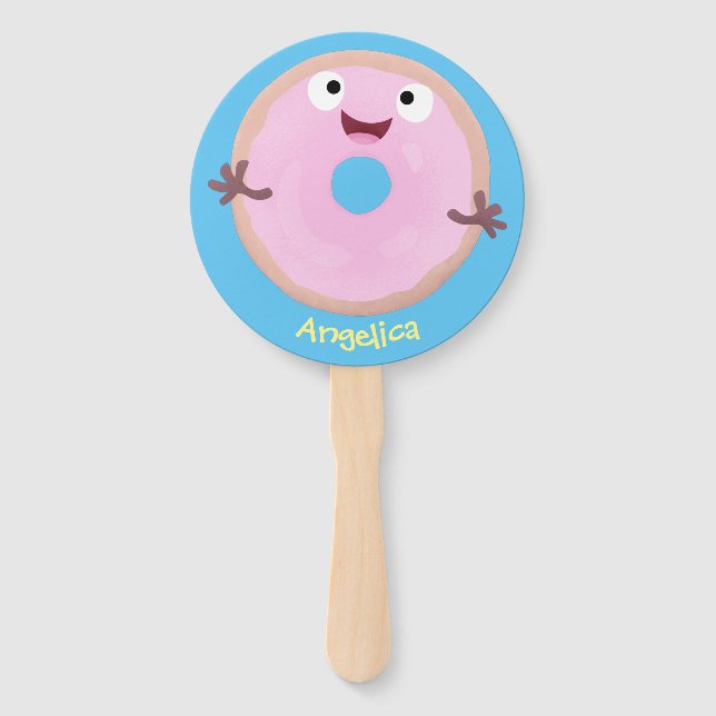 Cute happy pink glazed doughnut cartoon hand fan (Front)
