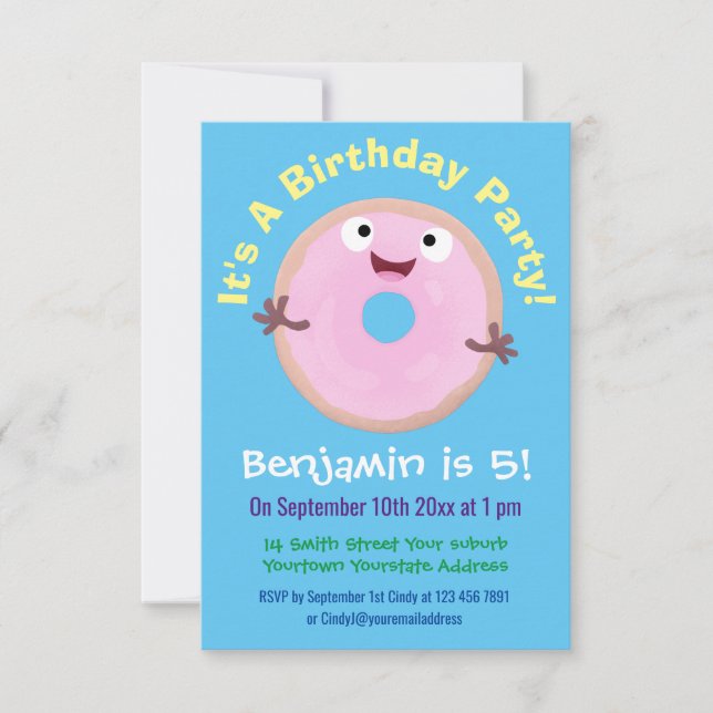 Cute happy pink glazed doughnut cartoon invitation (Front)