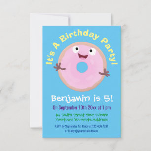 Cute happy pink glazed doughnut cartoon invitation