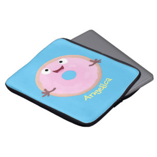 Cute happy pink glazed doughnut cartoon laptop sleeve