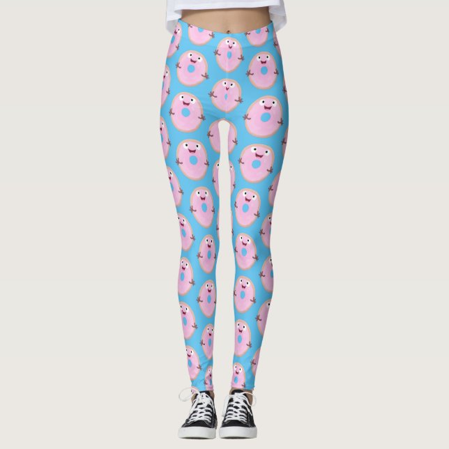 Cute happy pink glazed doughnut cartoon leggings (Front)