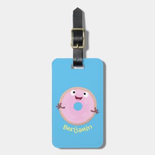 Cute happy pink glazed doughnut cartoon luggage tag