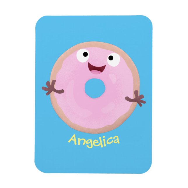 Cute happy pink glazed doughnut cartoon magnet (Vertical)
