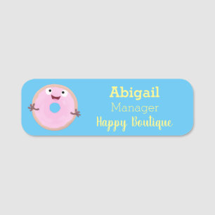 Cute happy pink glazed doughnut cartoon name tag