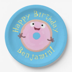 Cute happy pink glazed doughnut cartoon paper plate