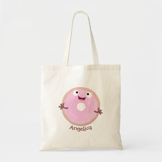 Cute happy pink glazed doughnut cartoon tote bag (Front)