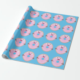 Cute happy pink glazed doughnut cartoon wrapping paper