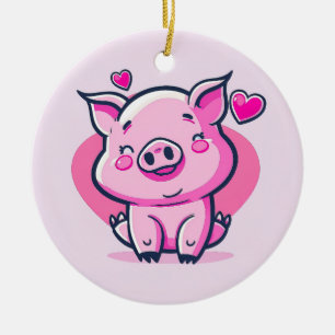 Cute Happy Pink Pig Hearts Valentine Inspired   Ceramic Tree Decoration