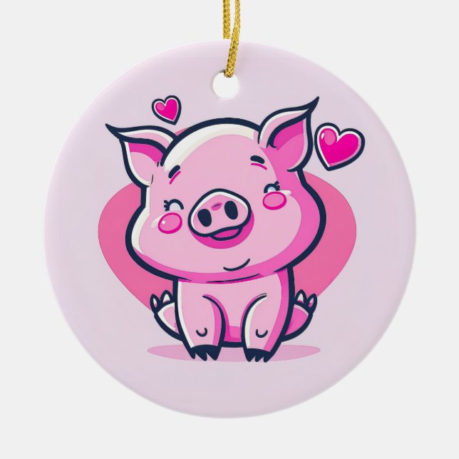 Cute Happy Pink Pig Hearts Valentine Inspired | Ceramic Tree Decoration (Front)