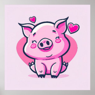 Cute Happy Pink Pig Hearts Valentine Inspired Poster
