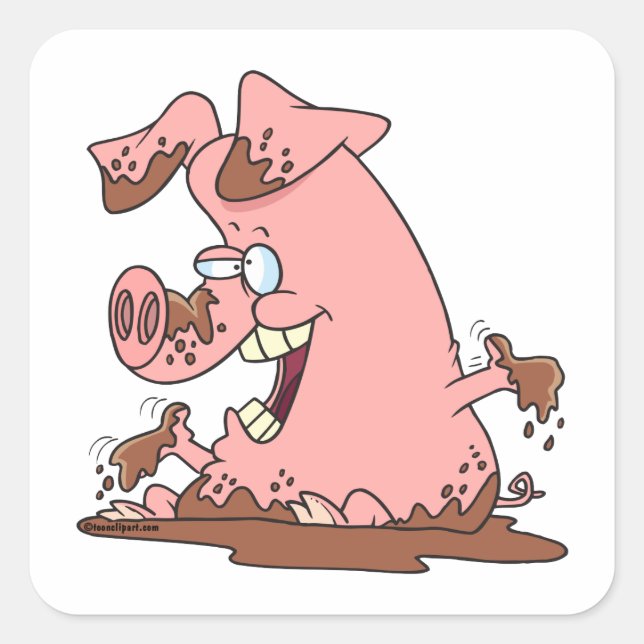 cute happy pink pig in mud cartoon square sticker (Front)