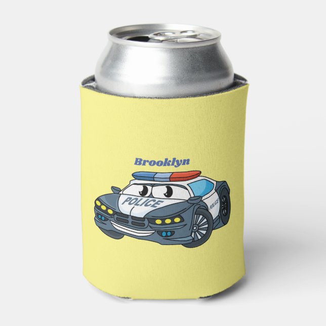 Cute happy police car cartoon illustration can cooler (Can Front)