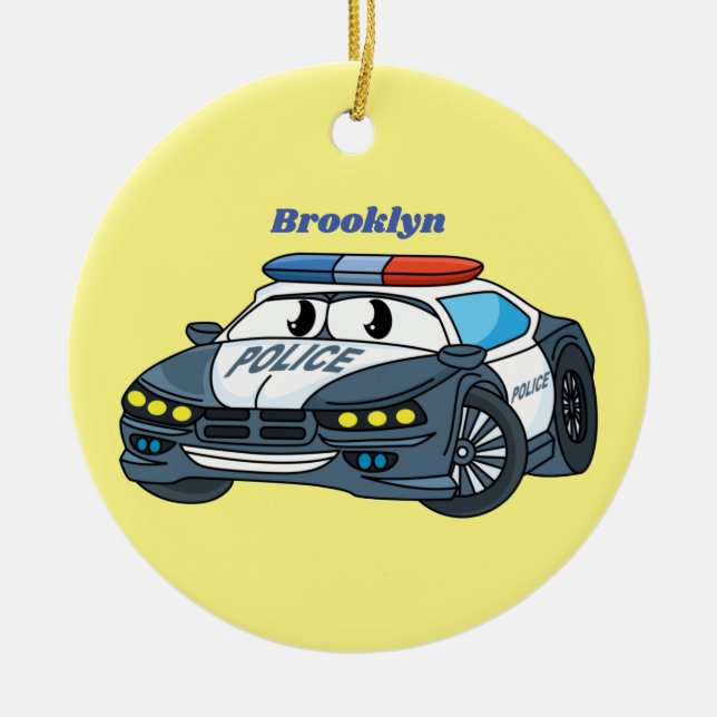 Cute happy police car cartoon illustration ceramic tree decoration (Front)