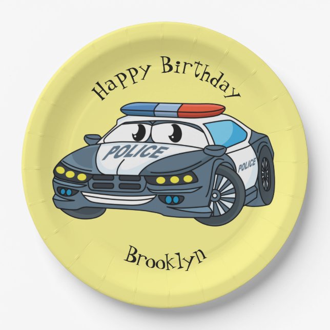 Cute happy police car cartoon illustration paper plate (Front)
