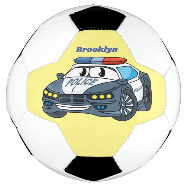 Cute happy police car cartoon illustration soccer ball (Front)