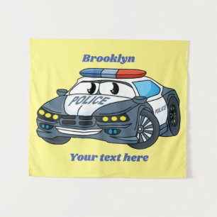 Cute happy police car cartoon illustration tapestry