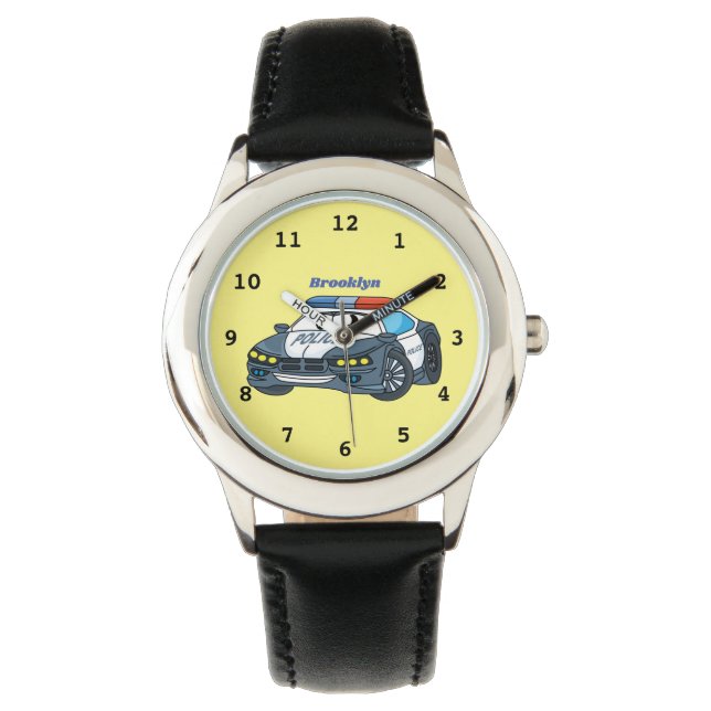Cute happy police car cartoon illustration watch (Front)