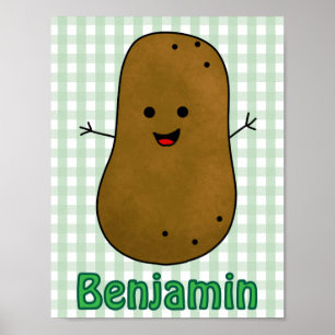 Cute Happy Potato Green Gingham Custom Poster