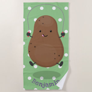 Cute happy potato jumping rope cartoon beach towel