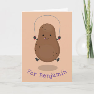 Cute happy potato jumping rope cartoon card