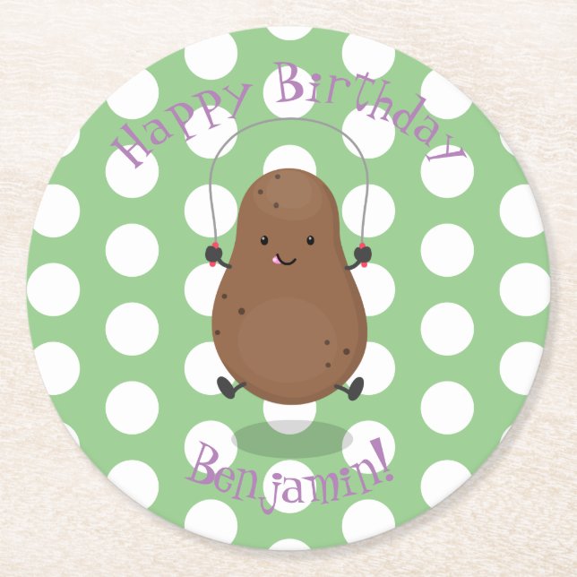 Cute happy potato jumping rope cartoon round paper coaster (Front)