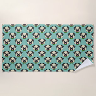Cute Happy Pug Dog with Papillon Beach Towel