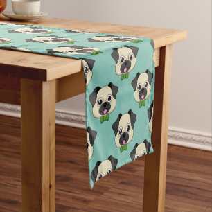 Cute Happy Pug Dog with Papillon Short Table Runner