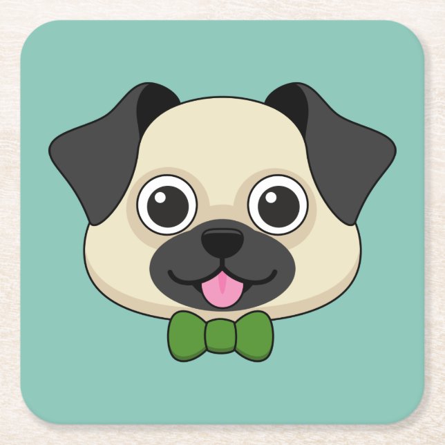 Cute Happy Pug Dog with Papillon Square Paper Coaster (Front)