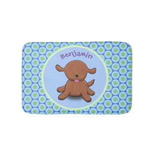 Cute happy puppy dog blue cartoon illustration bath mat