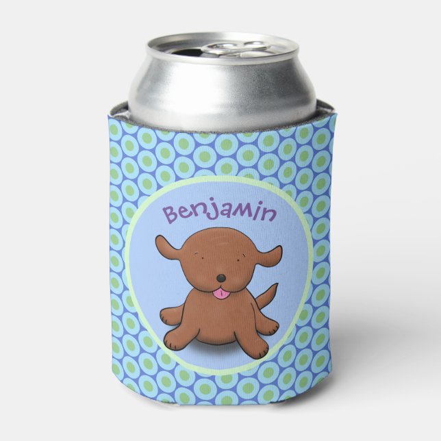 Cute happy puppy dog blue cartoon illustration can cooler (Can Front)