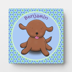 Cute happy puppy dog blue cartoon illustration plaque