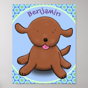 Cute happy puppy dog blue cartoon illustration poster