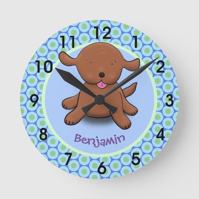 Cute happy puppy dog blue cartoon illustration rou round clock (Front)
